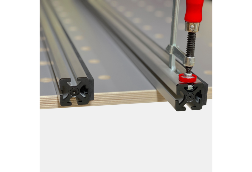 421-234 Auflageschiene mit 421-244 Multiplex Lochrasterplatte mit Bessey Zwinge STH 1.jpg